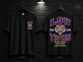Louisiana State University Checkerboard black T-shirt mockup showing the front chest print and large back graphic, with unprinted sleeves.