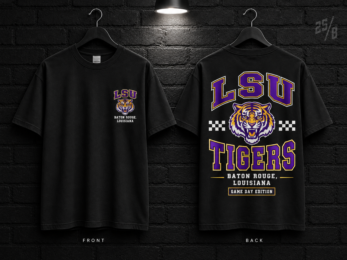 Louisiana State University Checkerboard black T-shirt mockup showing the front chest print and large back graphic, with unprinted sleeves.