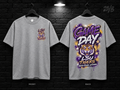 Louisiana State University Game Day Graffiti heather gray T-shirt mockup showing the front chest print and large back graphic, with unprinted sleeves.