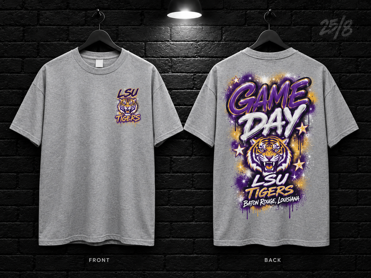 Louisiana State University Game Day Graffiti heather gray T-shirt mockup showing the front chest print and large back graphic, with unprinted sleeves.