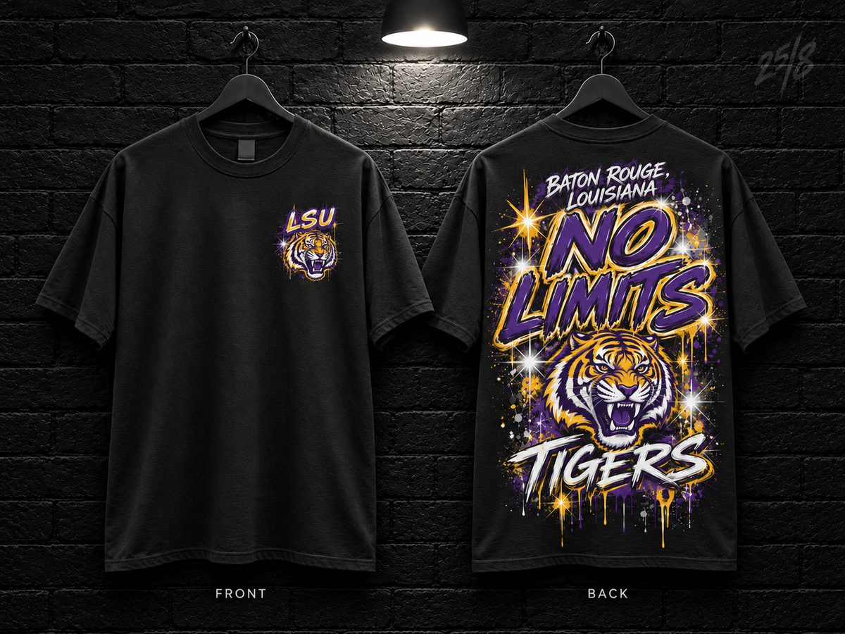 Louisiana State University No Limits black T-shirt mockup showing the front chest print and large back graphic, with unprinted sleeves.