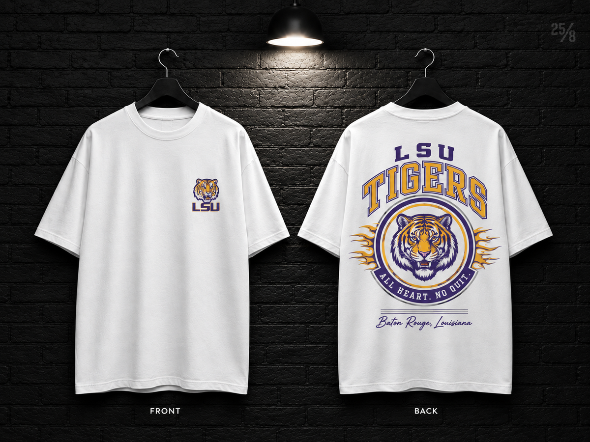 Louisiana State University Round Crest white T-shirt mockup showing the front chest print and large back graphic, with unprinted sleeves.