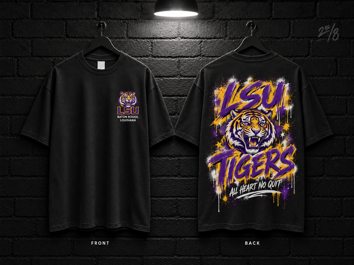 Louisiana State University School Script black T-shirt mockup showing the front chest print and large back graphic, with unprinted sleeves.