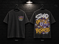 Louisiana State University Stand on Business washed charcoal T-shirt mockup showing the front chest print and large back graphic, with unprinted sleeves.