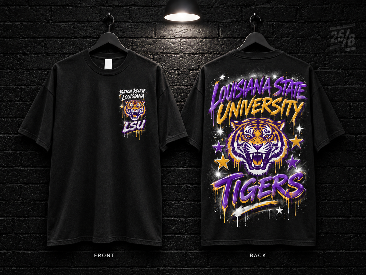 Louisiana State University Star Graphic black T-shirt mockup showing the front chest print and large back graphic, with unprinted sleeves.
