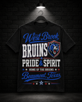 West Brook Bruins Pride & Spirit Tee on the 25/8 matte black brick studio background with black hanger and overhead spotlight