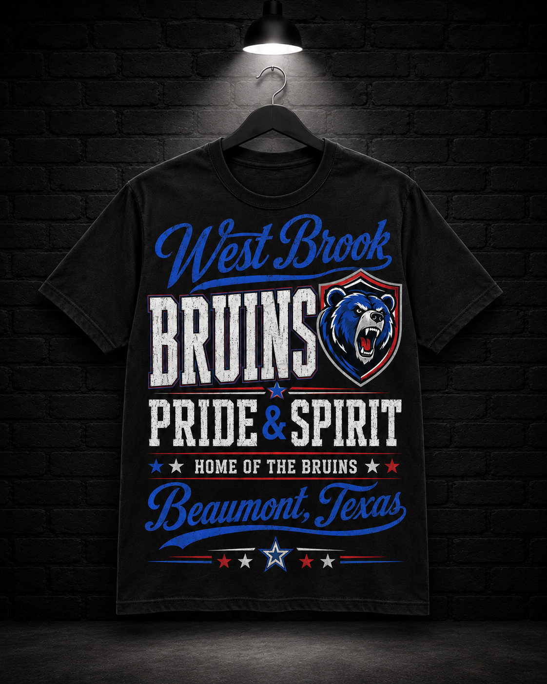West Brook Bruins Pride & Spirit Tee on the 25/8 matte black brick studio background with black hanger and overhead spotlight