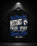 West Orange-Stark Mustangs Pride & Spirit Tee on the 25/8 matte black brick studio background with black hanger and overhead spotlight