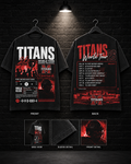 Memorial Titans 26 World Tour Mixtape Tee on the 25/8 matte black brick studio background with black hangers and overhead spotlight
