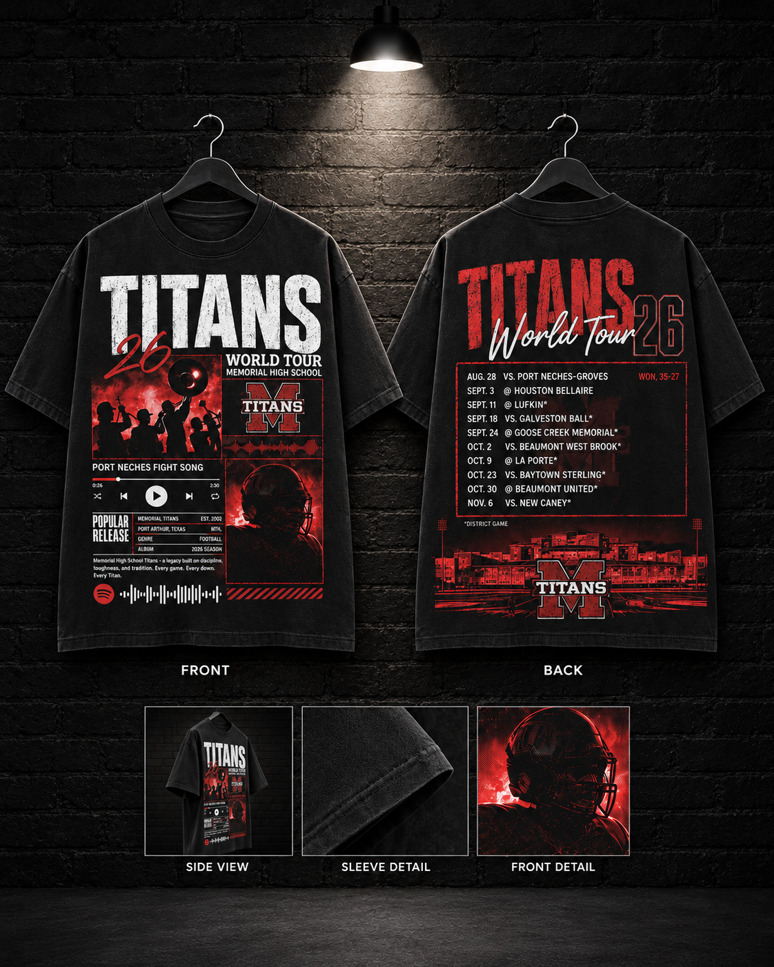 Memorial Titans 26 World Tour Mixtape Tee on the 25/8 matte black brick studio background with black hangers and overhead spotlight