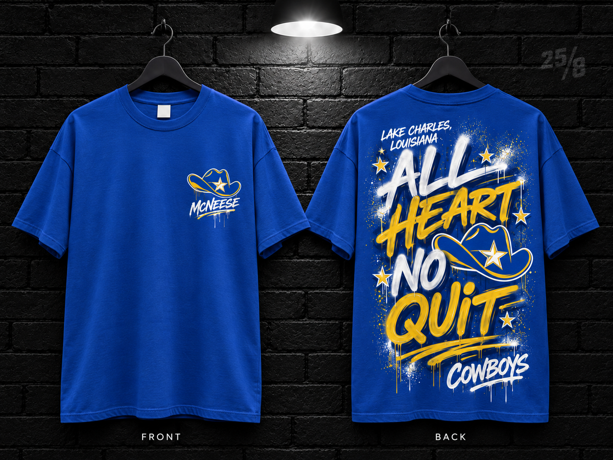 McNeese State University All Heart No Quit royal blue T-shirt mockup showing the front chest print and large back graphic, with unprinted sleeves.