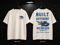McNeese State University Built Different cream T-shirt mockup showing the front chest print and large back graphic, with unprinted sleeves.