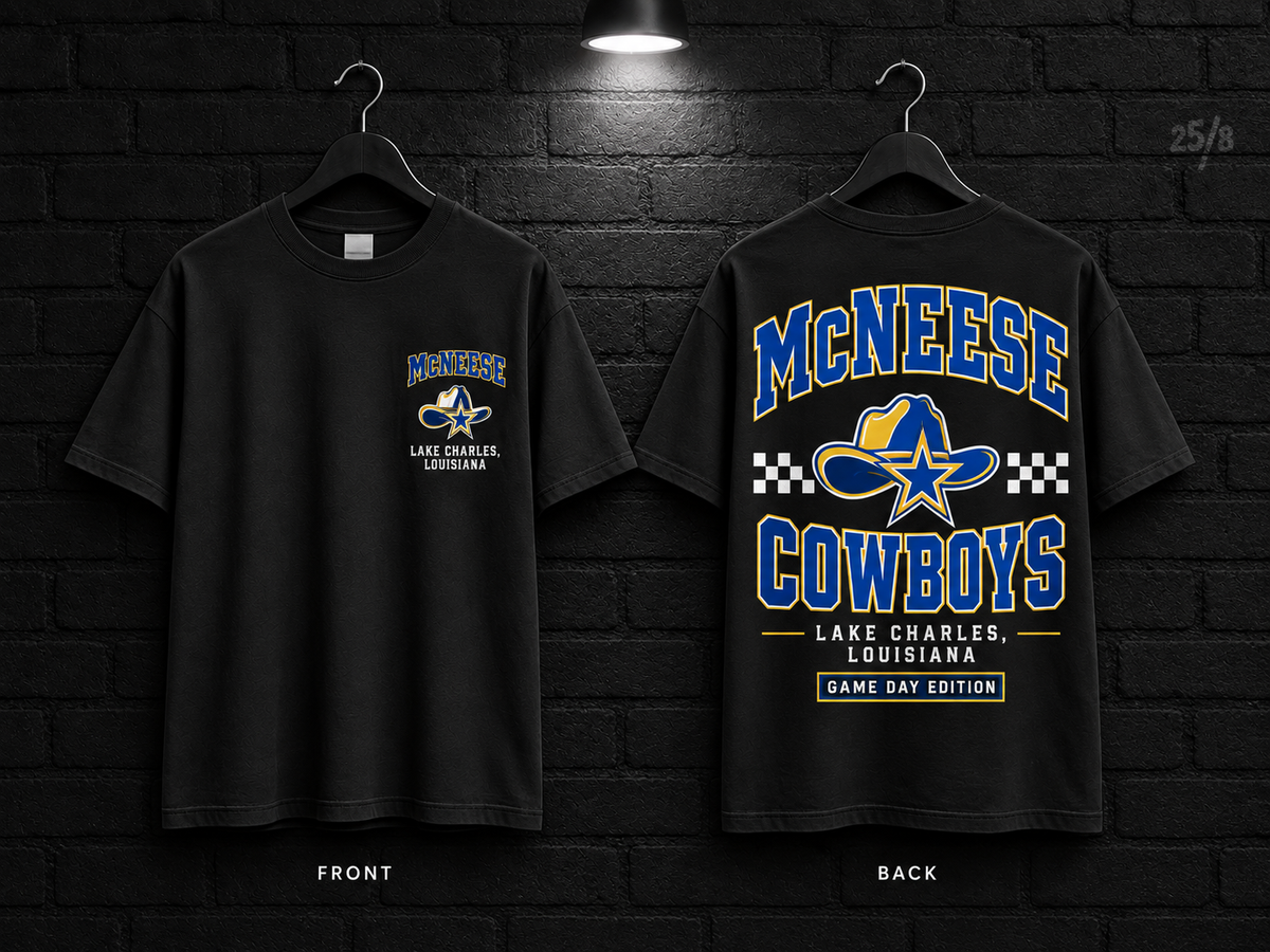 McNeese State University Checkerboard black T-shirt mockup showing the front chest print and large back graphic, with unprinted sleeves.