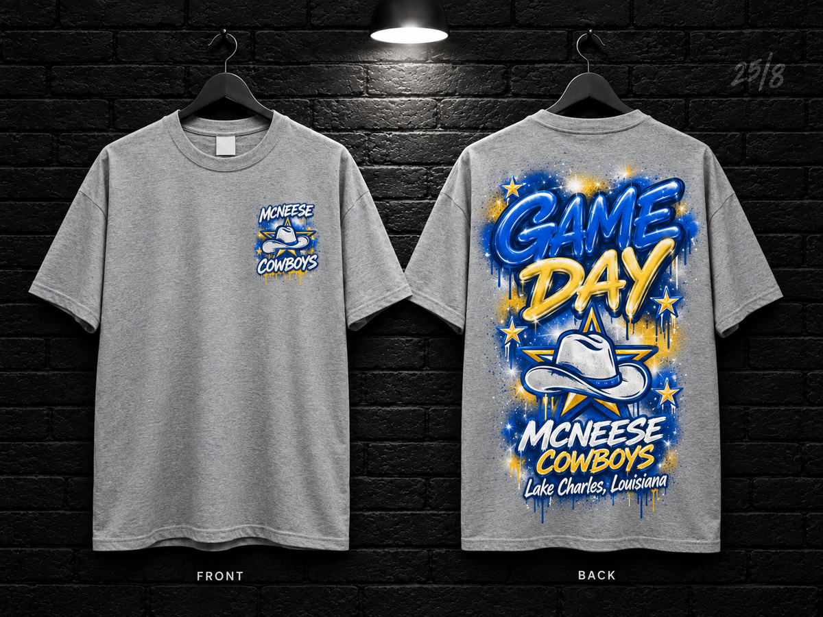 McNeese State University Game Day Graffiti heather gray T-shirt mockup showing the front chest print and large back graphic, with unprinted sleeves.
