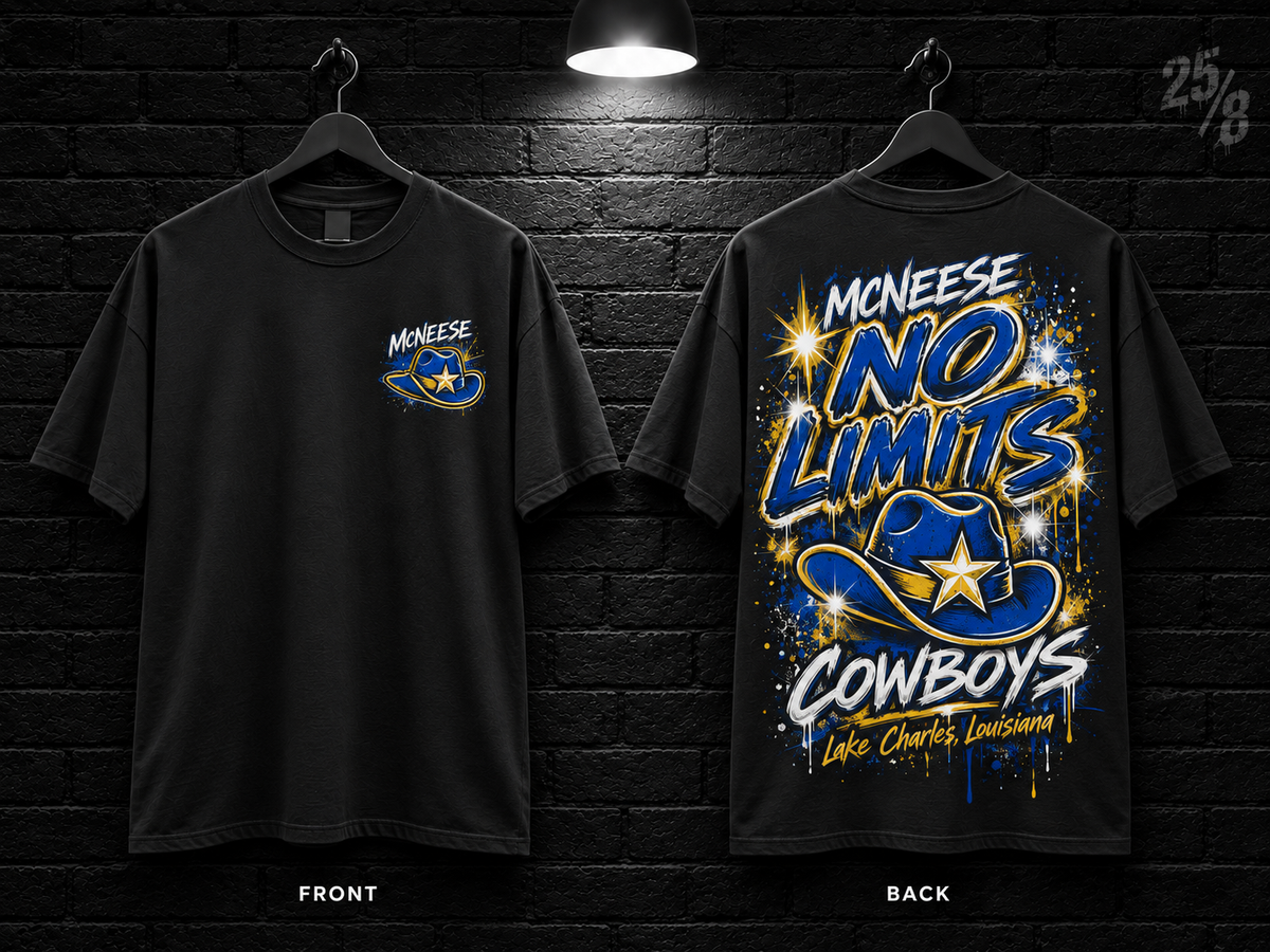 McNeese State University No Limits black T-shirt mockup showing the front chest print and large back graphic, with unprinted sleeves.