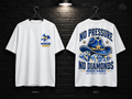 McNeese State University No Pressure No Diamonds white T-shirt mockup showing the front chest print and large back graphic, with unprinted sleeves.