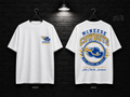 McNeese State University Round Crest white T-shirt mockup showing the front chest print and large back graphic, with unprinted sleeves.