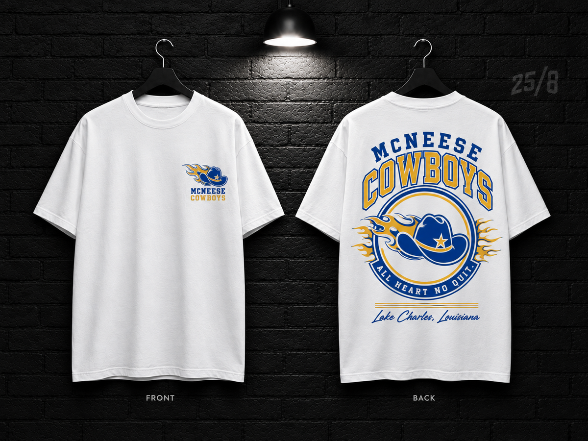 McNeese State University Round Crest white T-shirt mockup showing the front chest print and large back graphic, with unprinted sleeves.