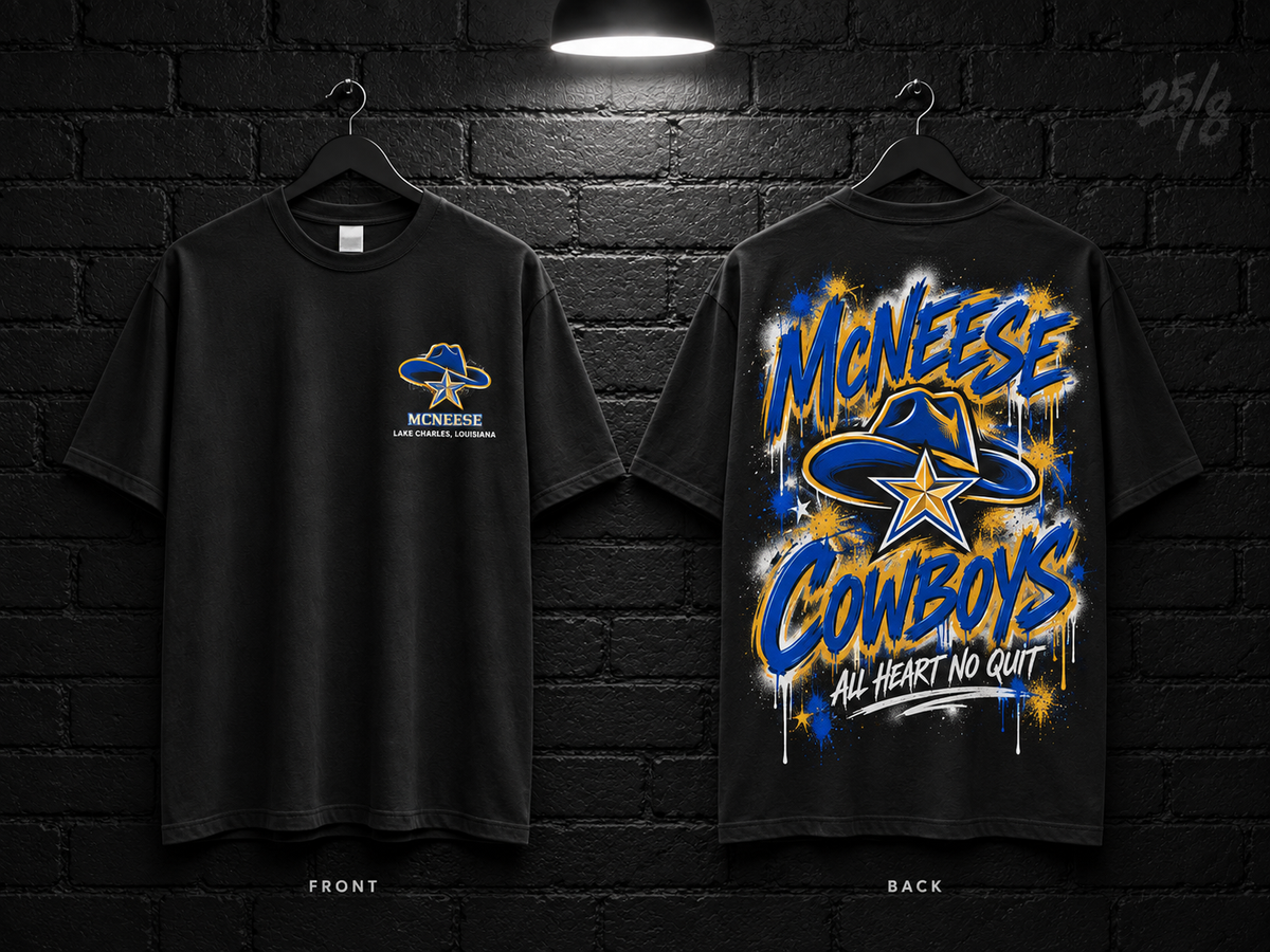 McNeese State University School Script black T-shirt mockup showing the front chest print and large back graphic, with unprinted sleeves.