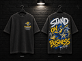 McNeese State University Stand on Business washed charcoal T-shirt mockup showing the front chest print and large back graphic, with unprinted sleeves.