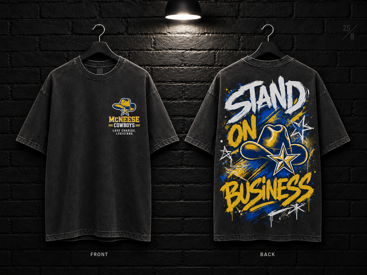 McNeese State University Stand on Business washed charcoal T-shirt mockup showing the front chest print and large back graphic, with unprinted sleeves.