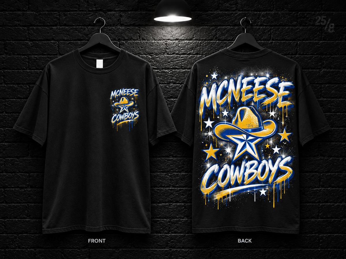 McNeese State University Star Graphic black T-shirt mockup showing the front chest print and large back graphic, with unprinted sleeves.