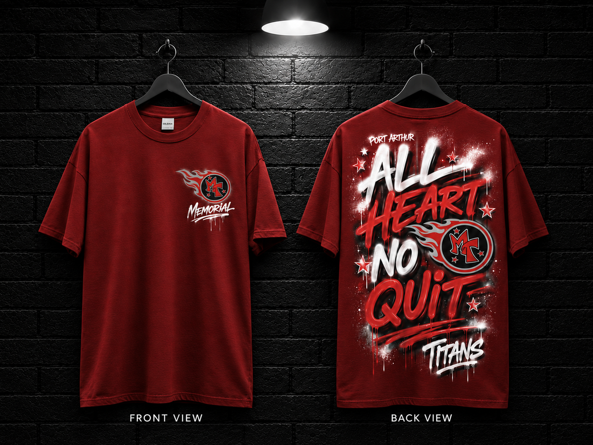 Memorial Titans All Heart No Quit Script Tee — front and back mockup with blank sleeves