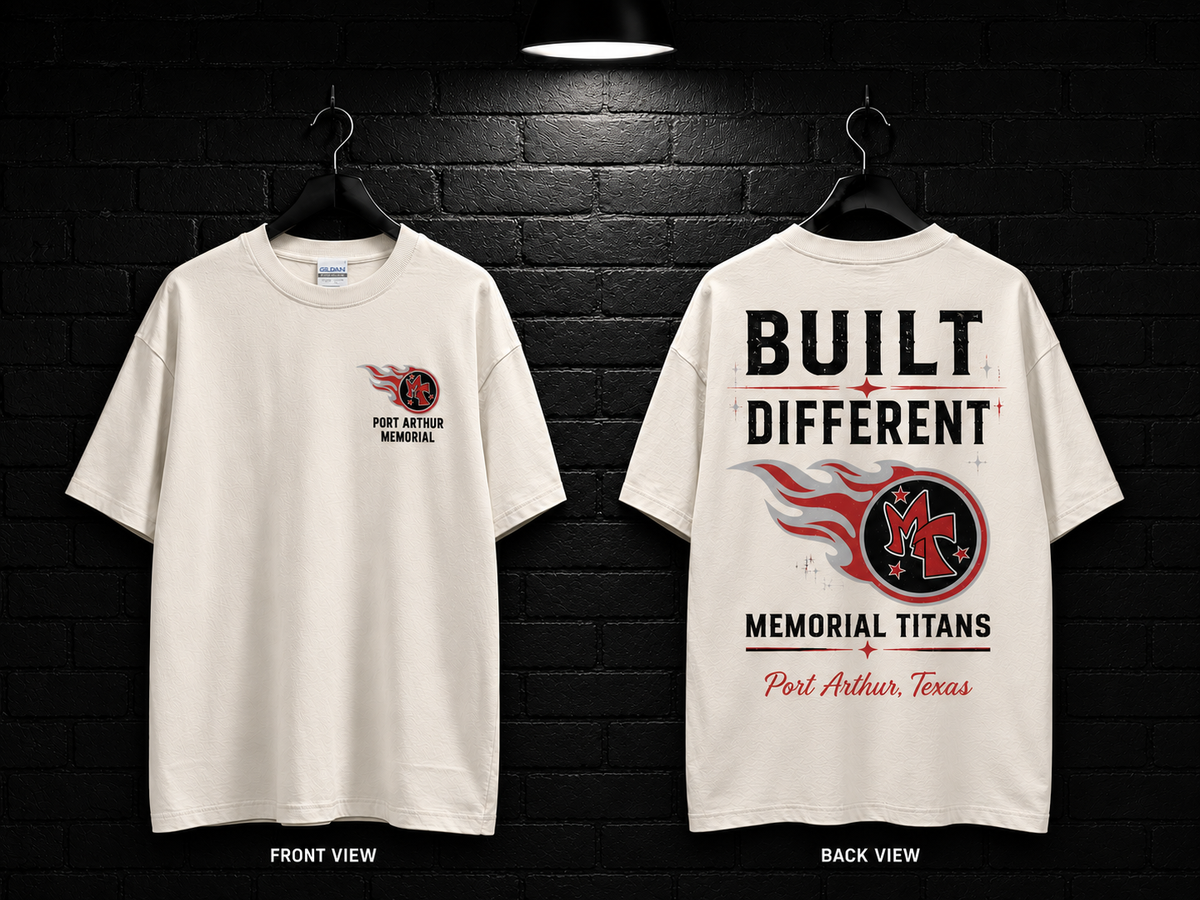 Memorial Titans Built Different Cream Tee — front and back mockup with blank sleeves