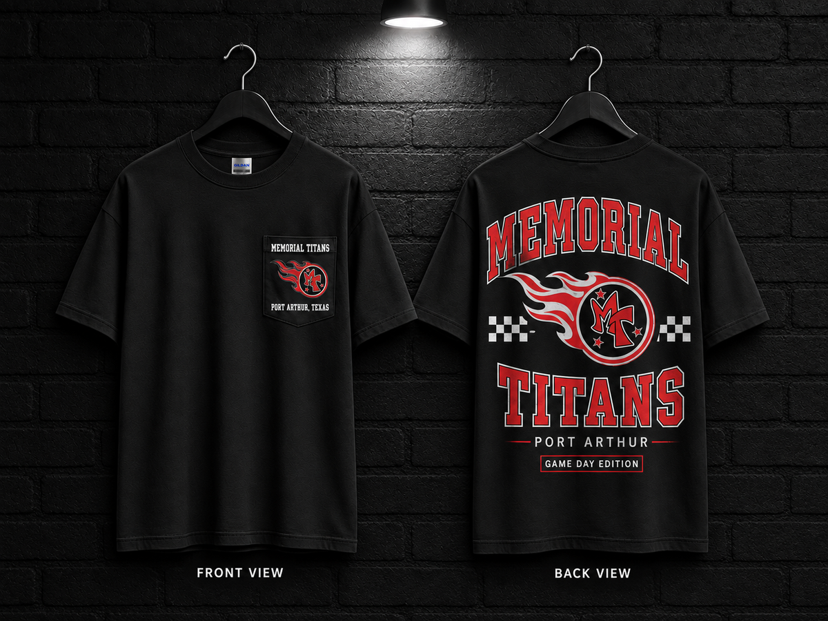Memorial Titans Checkerboard Tee — front and back mockup with blank sleeves