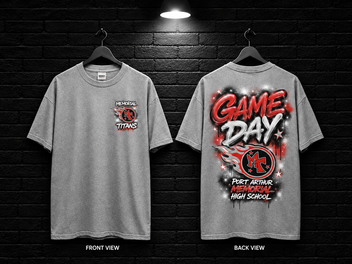 Memorial Titans Game Day Graffiti Tee — front and back mockup with blank sleeves