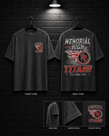 Memorial High Titans Classic Tee mockup in charcoal, showing small chest graphic and large back graphic.