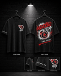 Memorial High Titan Power Tee mockup in black, showing small chest graphic and large back graphic.