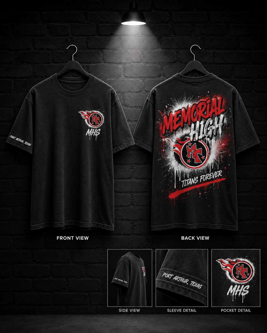 Memorial High Titan Power Tee mockup in black, showing small chest graphic and large back graphic.