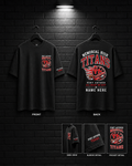 Memorial High Titans Varsity Name Tee mockup in black, showing small chest graphic and large back graphic.