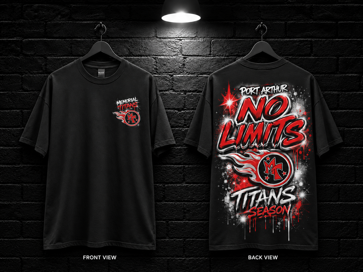Port Arthur Titans No Limits Tee — front and back mockup with blank sleeves