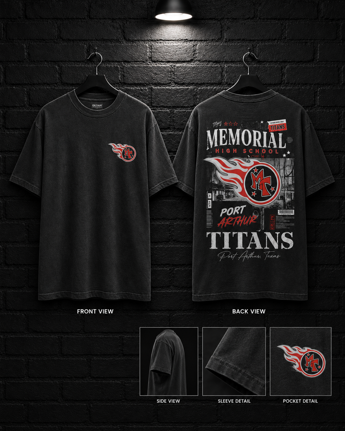 Memorial Port Arthur Titans Stack Tee mockup in charcoal, showing small chest graphic and large back graphic.