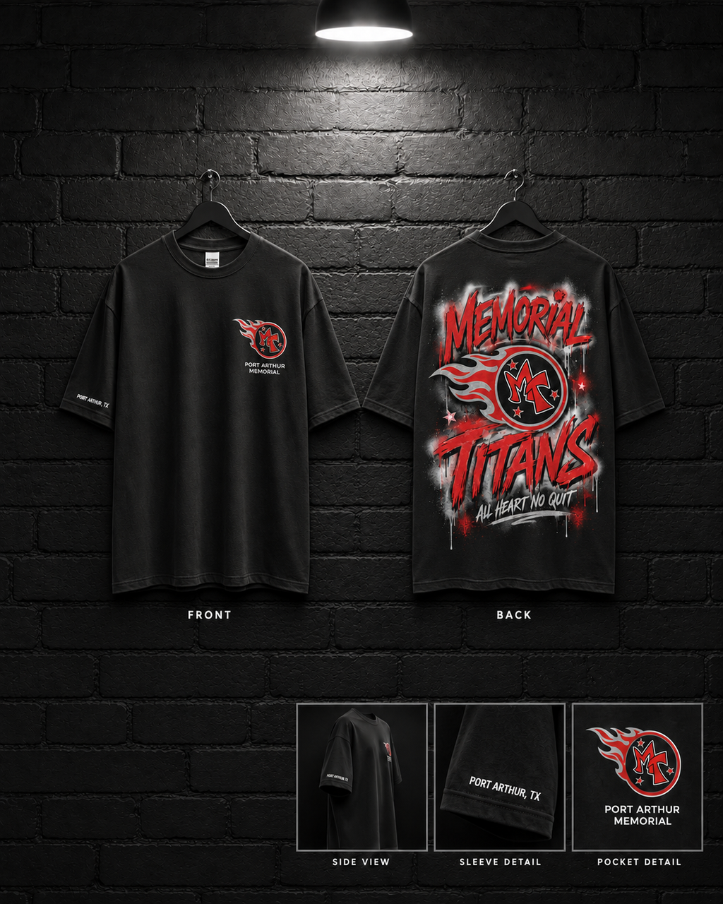 Memorial Titans Red Script Tee mockup in black, showing small chest graphic and large back graphic.