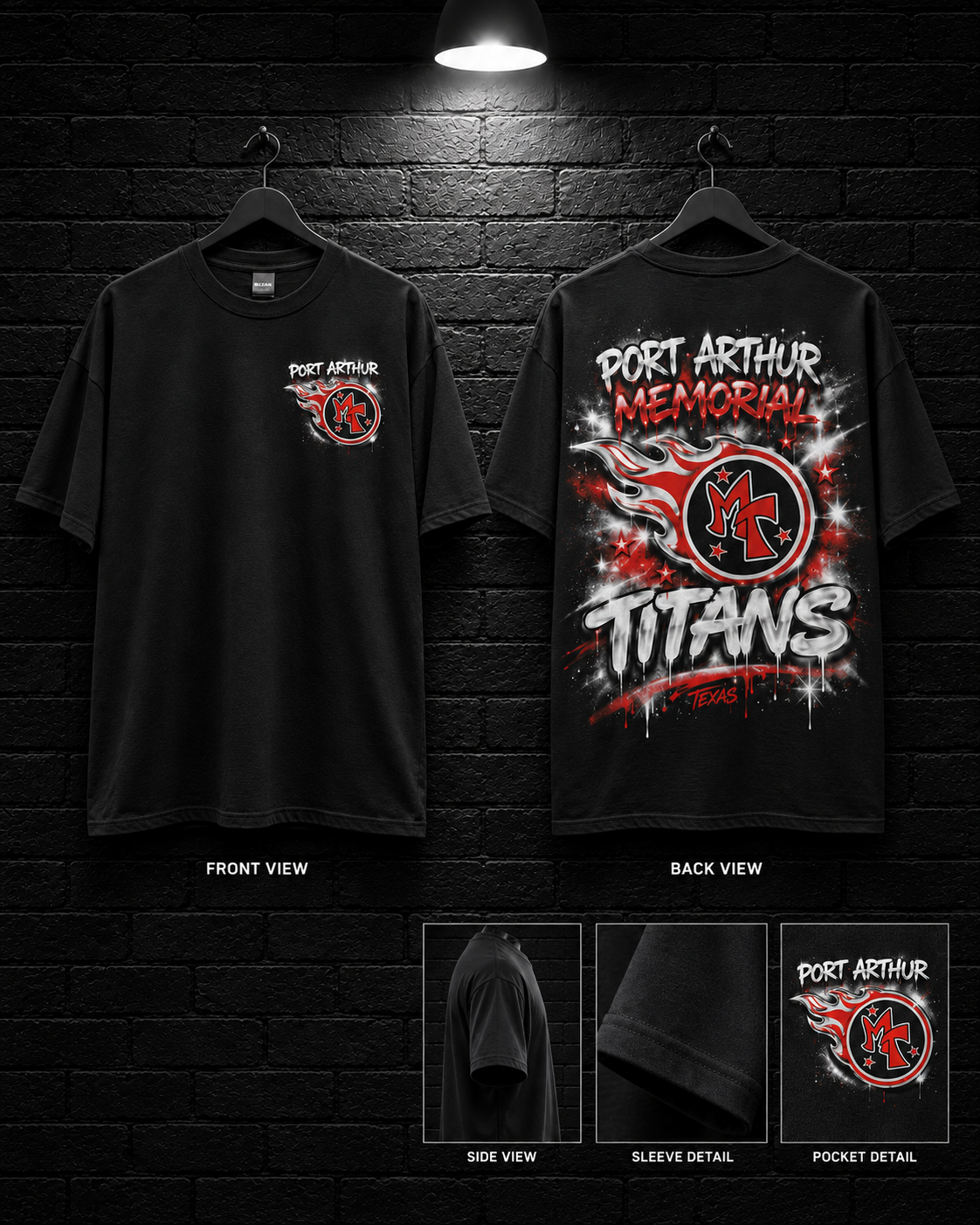 Port Arthur Memorial Titans Spark Tee mockup in black, showing small chest graphic and large back graphic.
