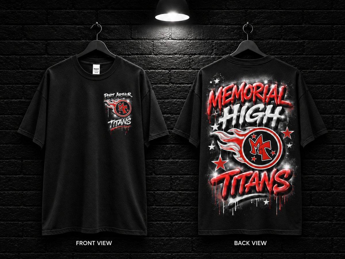 Memorial High Titans Star Graphic Tee — front and back mockup with blank sleeves