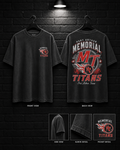 Memorial MT Titans Monogram Tee mockup in black / charcoal appearance, showing small chest graphic and large back graphic.