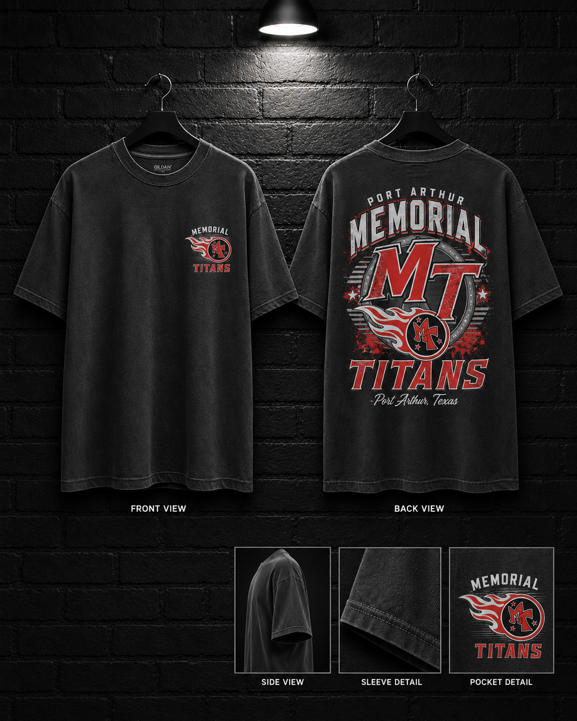 Memorial MT Titans Monogram Tee mockup in black / charcoal appearance, showing small chest graphic and large back graphic.