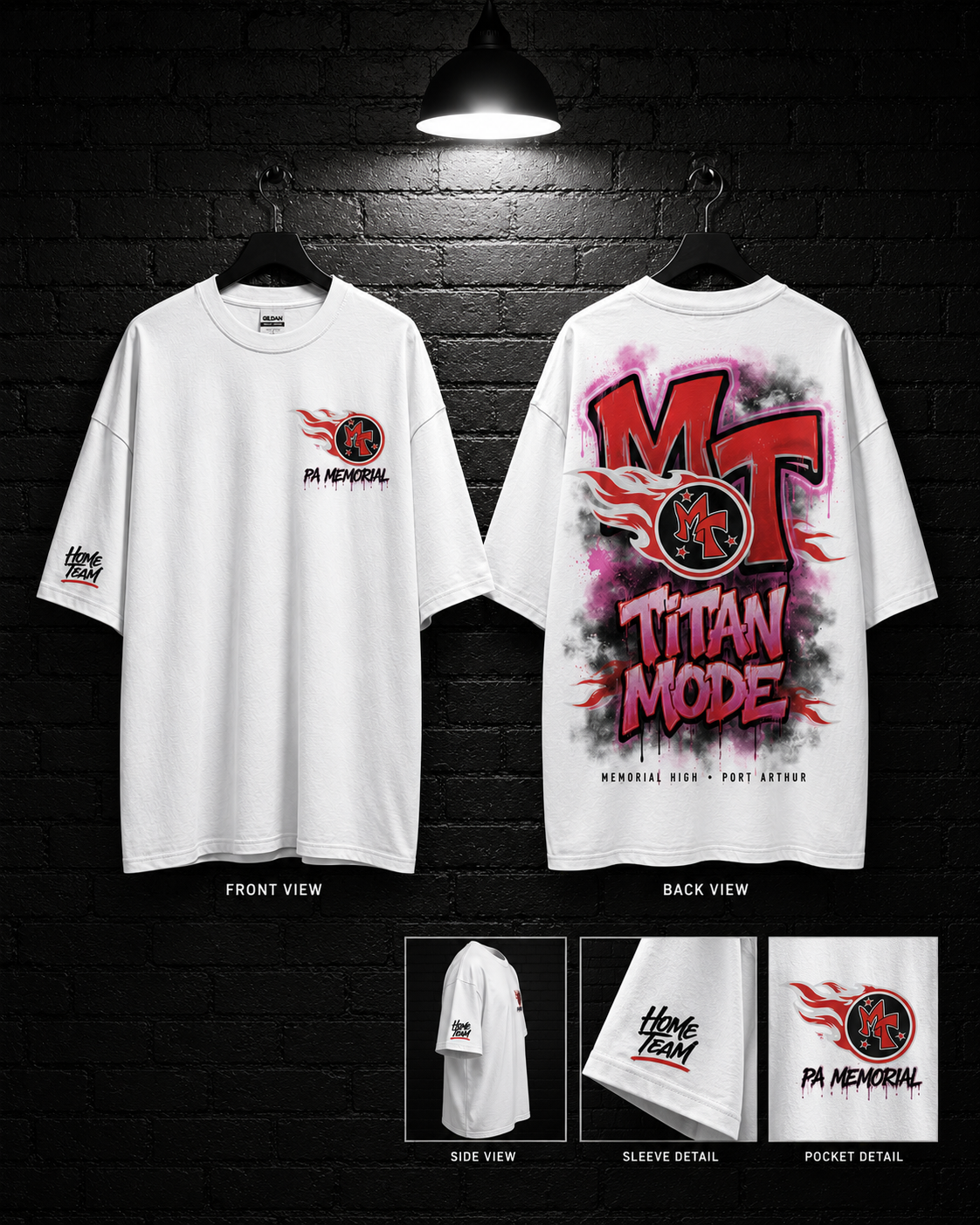 Memorial MT Titan Mode Tee mockup in white, showing small chest graphic and large back graphic.