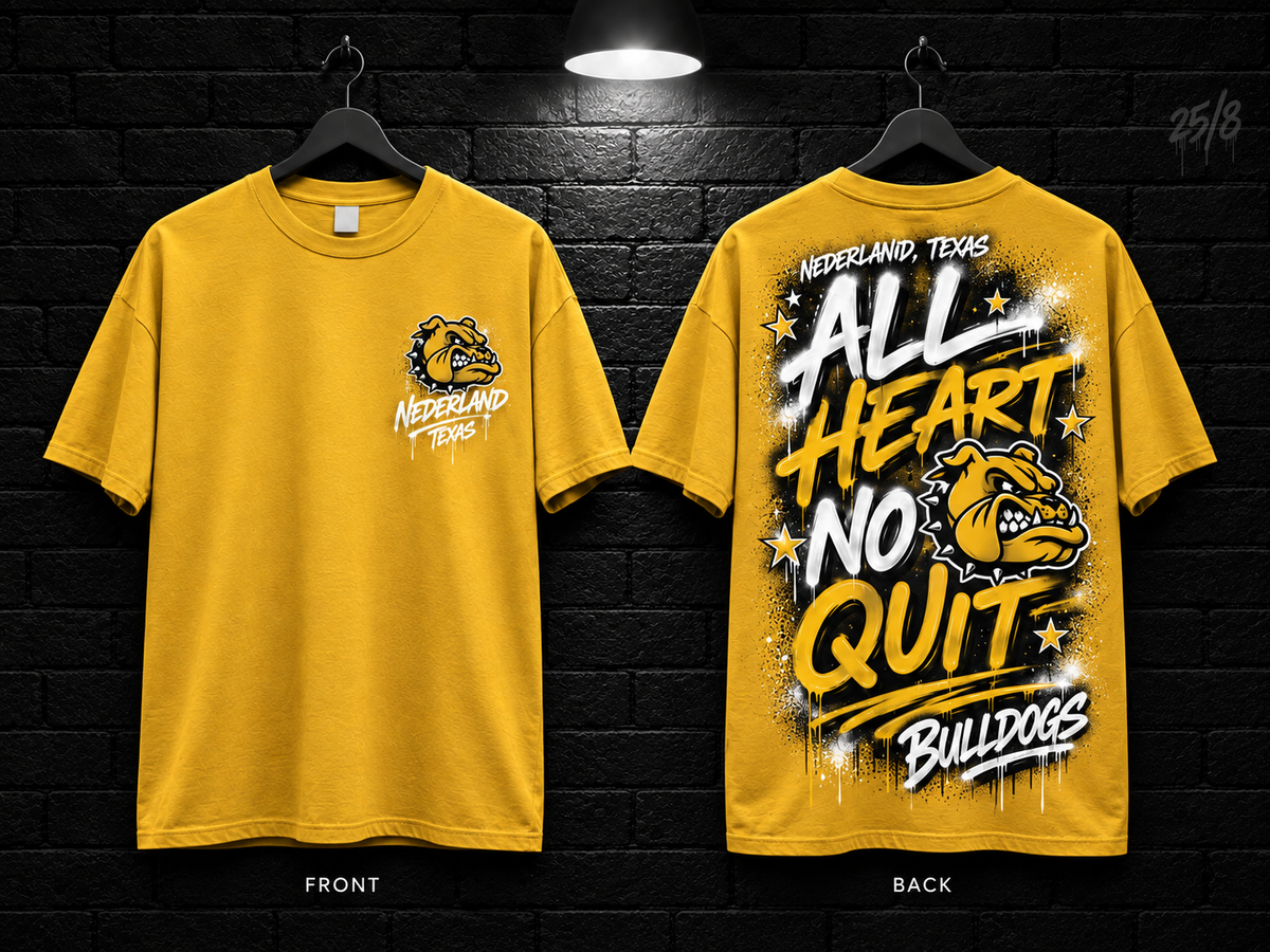 Nederland High School All Heart No Quit gold T-shirt mockup showing the front chest print and large back graphic, with unprinted sleeves.