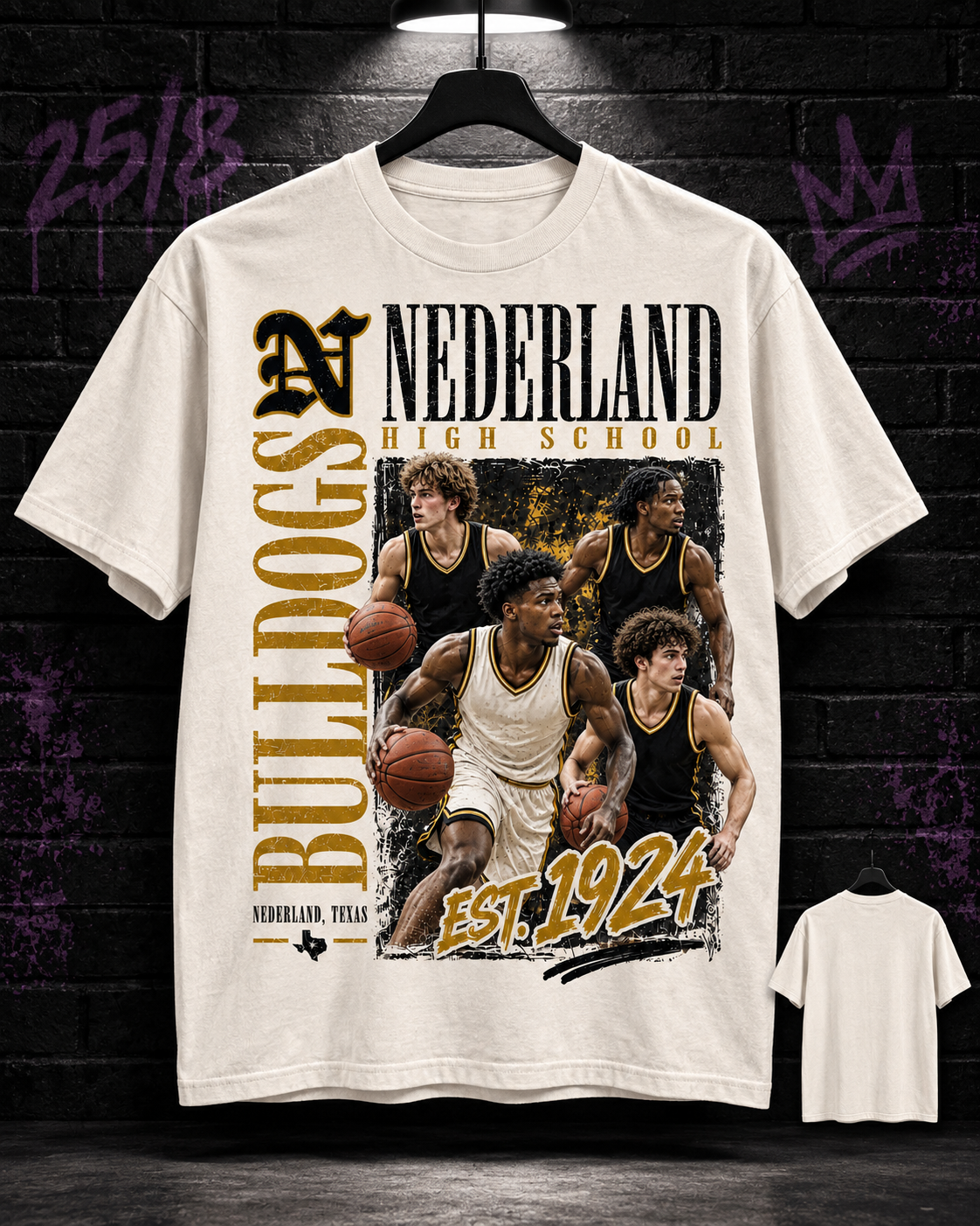 Nederland Bulldogs basketball collage natural tee 25/8 mockup