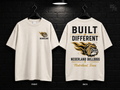 Nederland High School Built Different cream T-shirt mockup showing the front chest print and large back graphic, with unprinted sleeves.