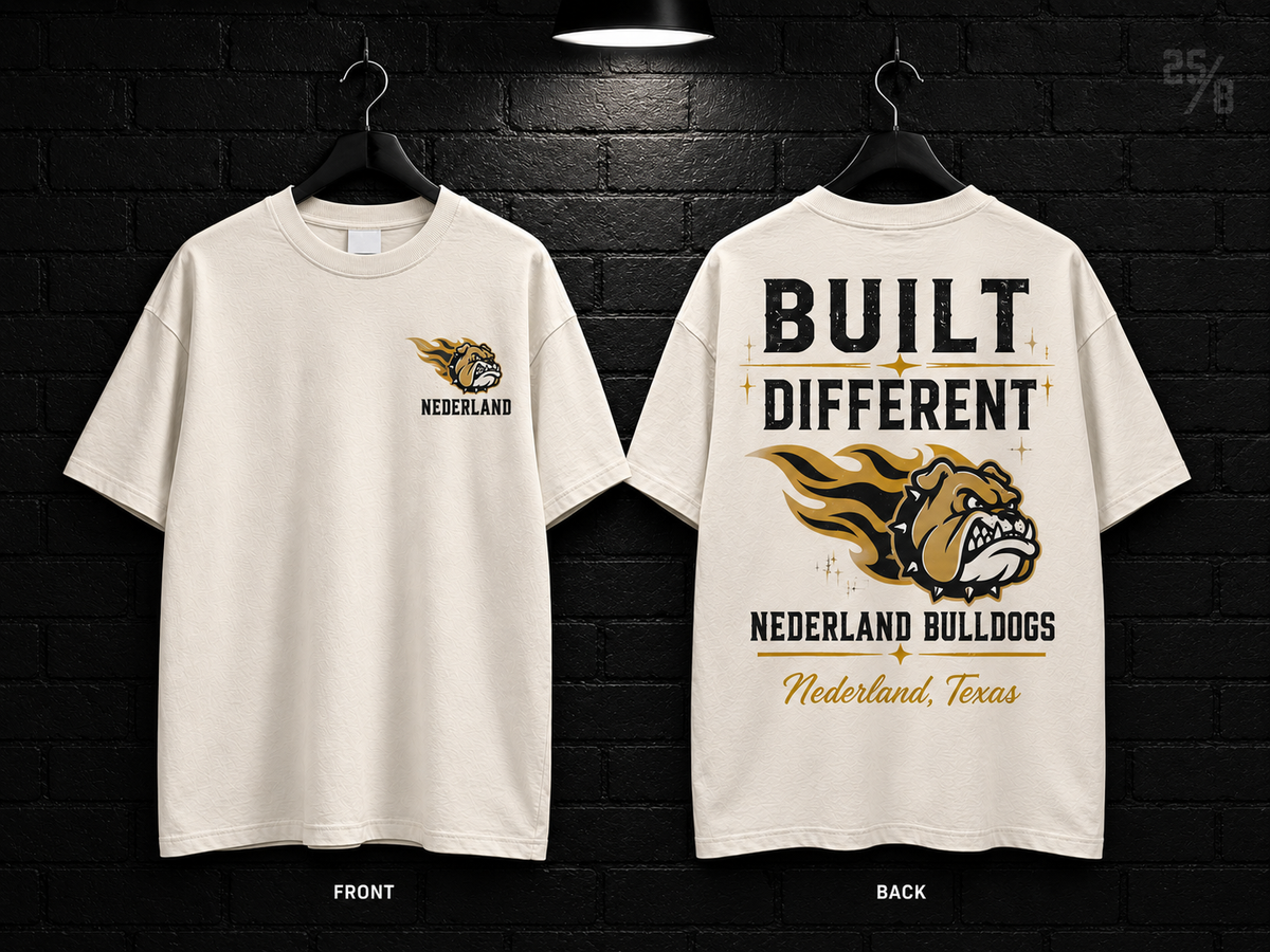 Nederland High School Built Different cream T-shirt mockup showing the front chest print and large back graphic, with unprinted sleeves.