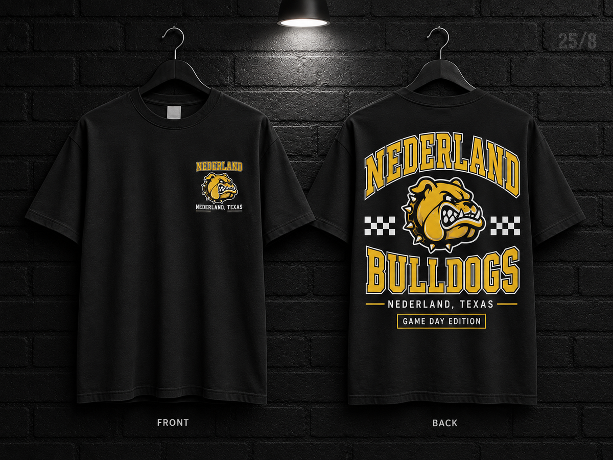 Nederland High School Checkerboard black T-shirt mockup showing the front chest print and large back graphic, with unprinted sleeves.