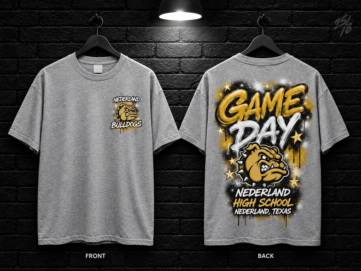 Nederland High School Game Day Graffiti heather gray T-shirt mockup showing the front chest print and large back graphic, with unprinted sleeves.