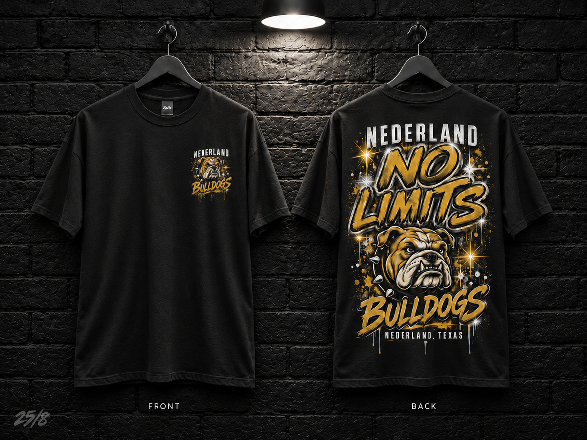 Nederland High School No Limits T-shirt in black, realistic front and back mockup with gold, white and black artwork and unprinted sleeves.