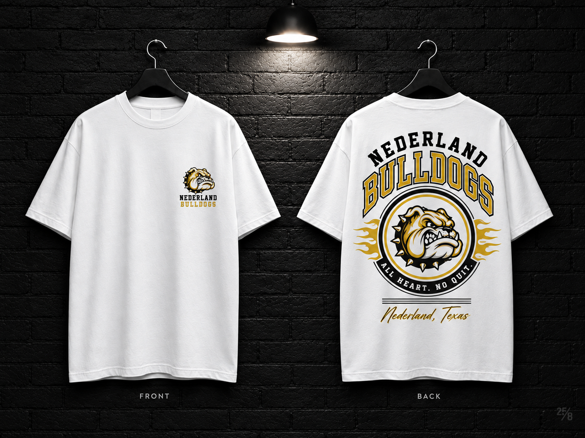 Nederland High School Round Crest white T-shirt mockup showing the front chest print and large back graphic, with unprinted sleeves.